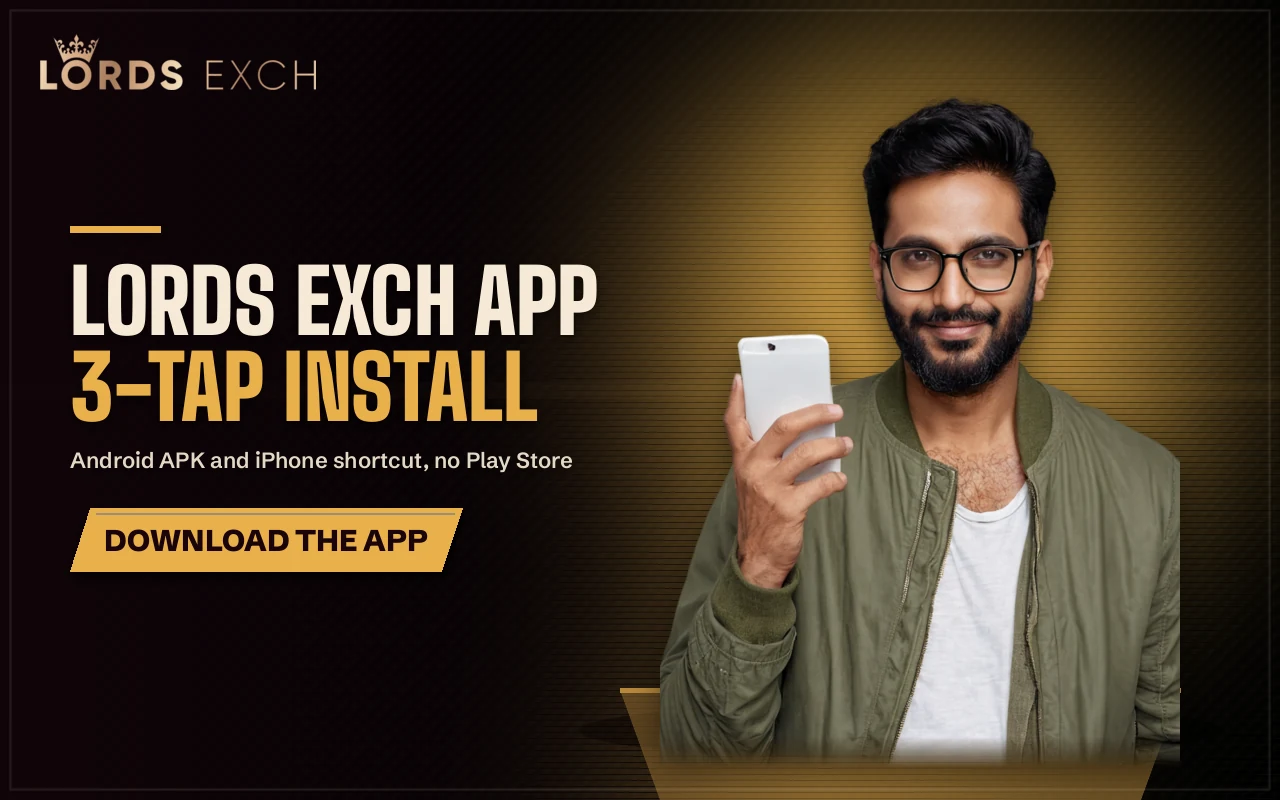 Lords Exchange app shown installing on an Android phone held in one hand