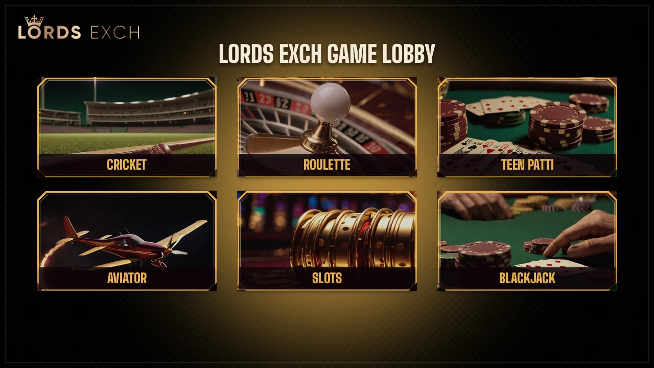 Grid of cricket betting, roulette, slots and crash games on Lords Exchange