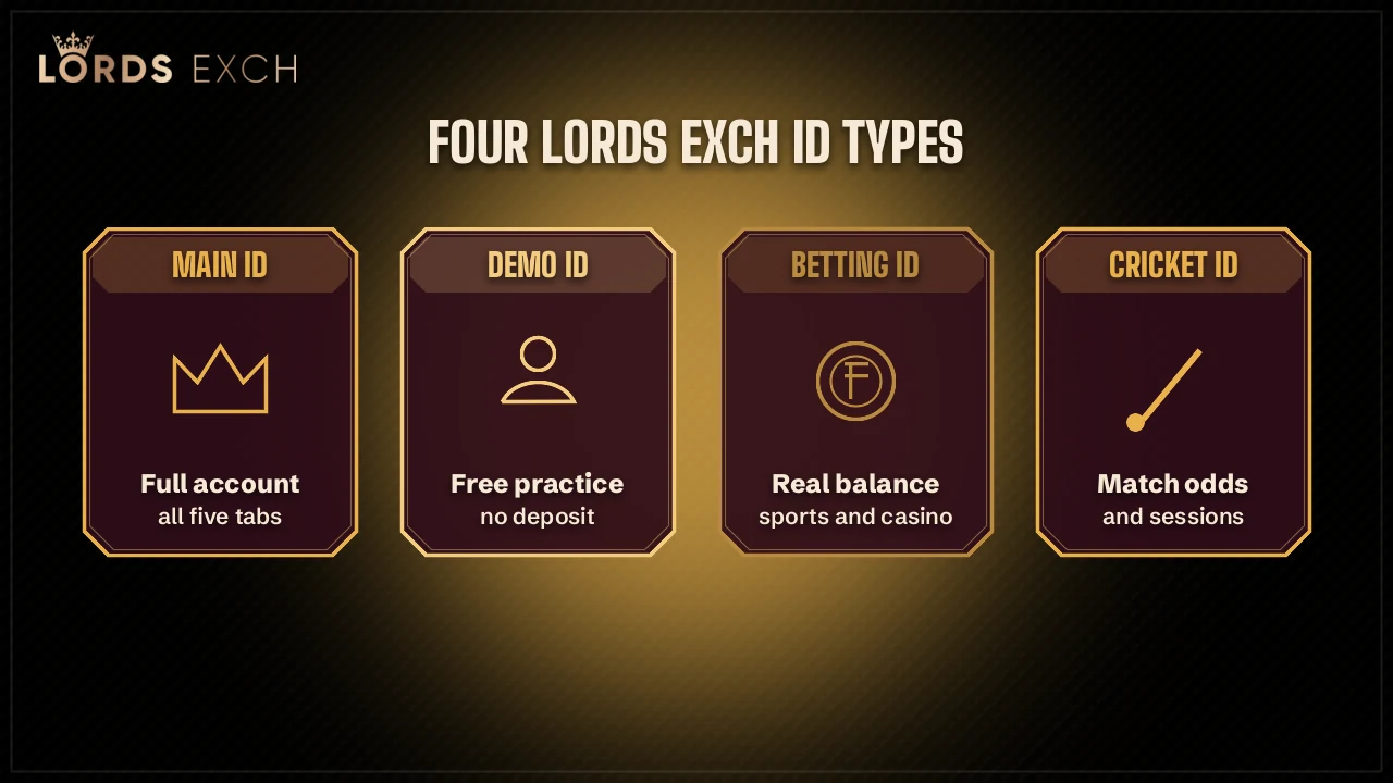 Grid comparing main, demo, betting and cricket Lords Exchange ID cards